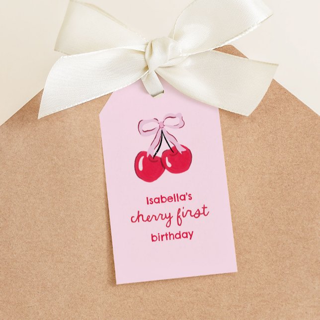 Cherry First Birthday Coquette Bow Favor Geschenkanhänger (cherry first birthday gift tag with illustrated cherries tied with a pink bow)