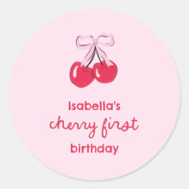 Cherry First Birthday Coquette Bow Favor Runder Aufkleber