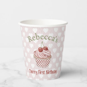Cherry First Birthday Coquette Watercolor Cupcake Pappbecher