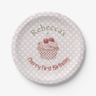 Cherry First Birthday Coquette Watercolor Cupcake Pappteller