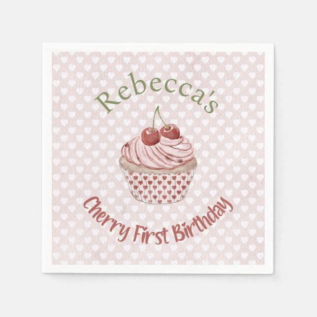 Cherry First Birthday Coquette Watercolor Cupcake Serviette (Vorderseite)