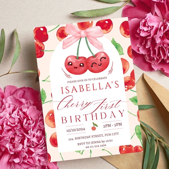 Cherry First Birthday Girl 1. Frucht Bow Geburtsta Einladung (Cherry First Birthday Girl 1st Fruit Bow Birthday Invitation)