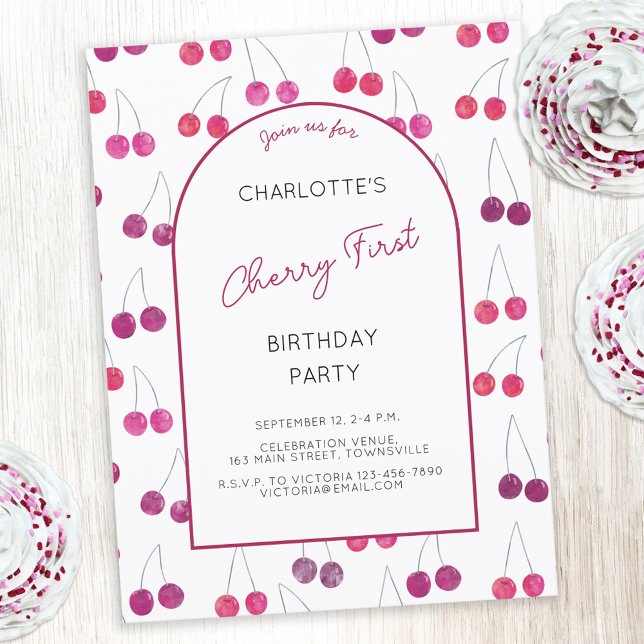 Cherry First Birthday Party Einladung Postkarte (Watercolor cherries Cherry First birthday party invitations with custom text)