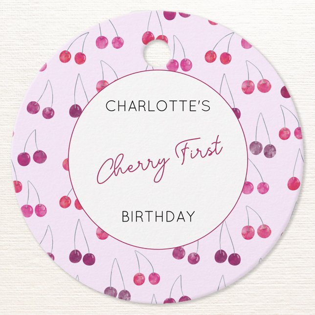 Cherry First Birthday Personalisiert Cherries Pink Geschenkanhänger (Personalized Cherry First birthday party favor tag)