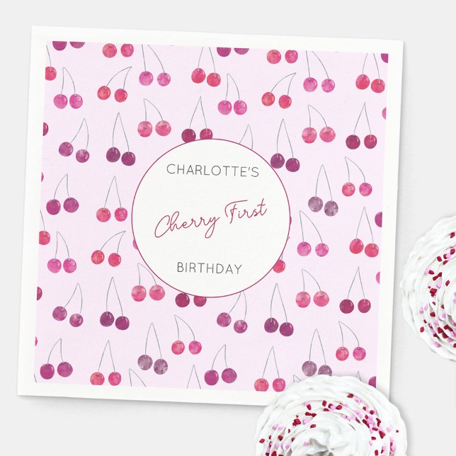 Cherry First Birthday Personalisiert Watercolor Pi Serviette (Modern Cherry First birthday personalized party paper napkin)