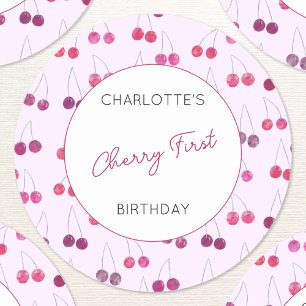 Cherry First Birthday Personalisiert Watercolor Runder Aufkleber