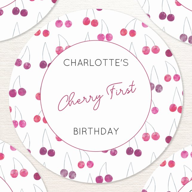 Cherry First Birthday Personalisiert Watercolor Runder Aufkleber (Cherries Cherry First birthday personalized stickers)