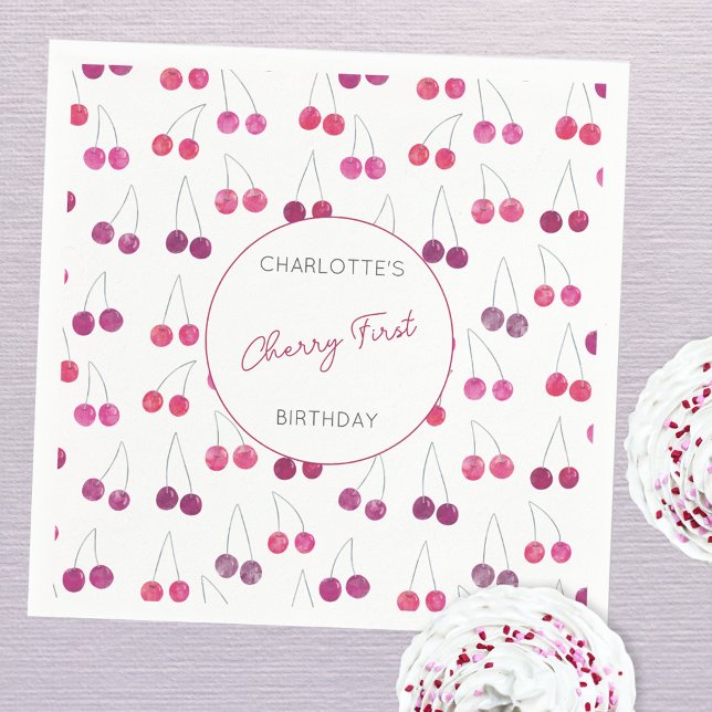 Cherry First Birthday Personalisiert Watercolor Serviette (Personalized Cherry First Birthday party paper napkins)