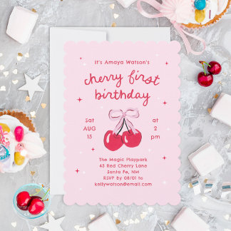 Cherry First Birthday Pink Coquette Bow Einladung