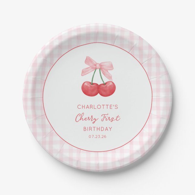 Cherry First Birthday Pink Gingham Girls Ein Jahr Pappteller (Vorderseite)