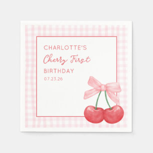 Cherry First Birthday Pink Gingham Girls Ein Jahr Serviette