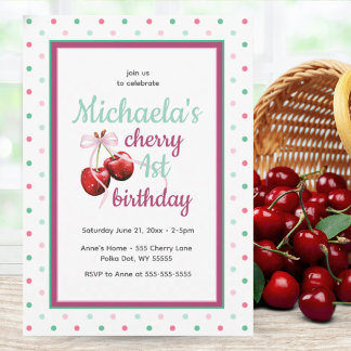 Cherry First Birthday Polka Dot Theme Einladung