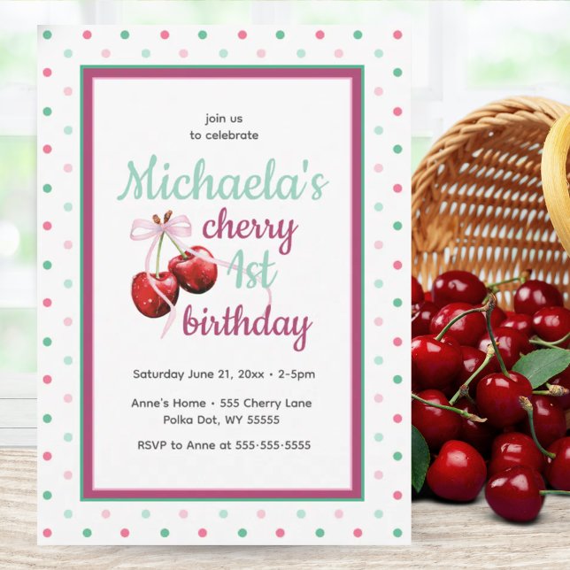 Cherry First Birthday Polka Dot Theme Einladung (Cherry First Birthday Polka Dot Theme Invitation)