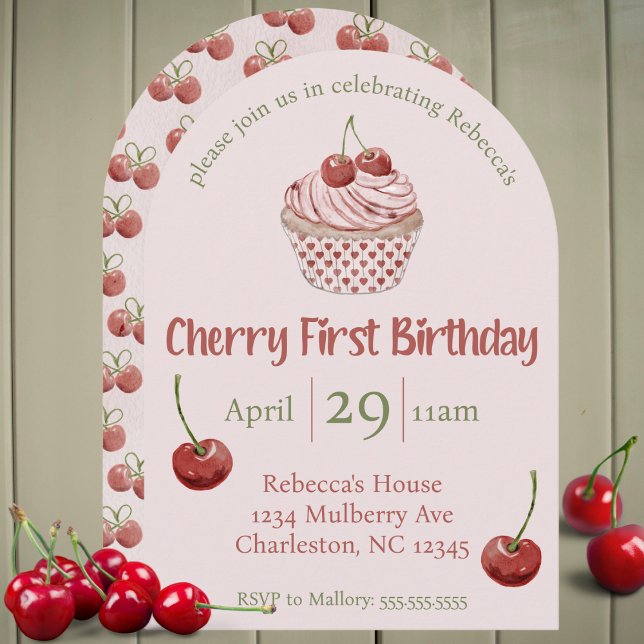 Cherry First Birthday Watercolor Coquette Cupcake Einladung (Cherry first birthday watercolor cupcake fruit cute 1st bday party invitation pink girls 1 year old)
