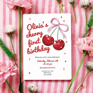 Cherry First Coquette Bow Pink Girl Geburtstag Einladung