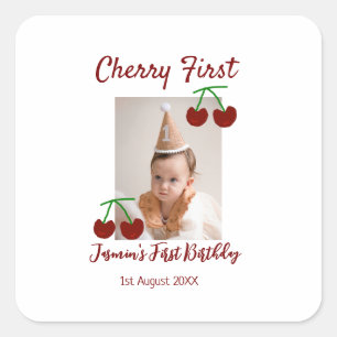 Cherry First Happy Geburtstag Foto Kinder modern r Quadratischer Aufkleber