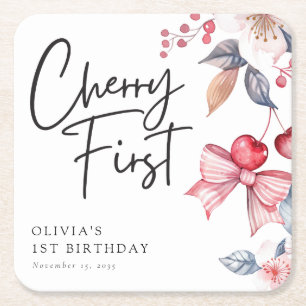 Cherry First Pink Bow Coquette 1. Geburtstag Rechteckiger Pappuntersetzer