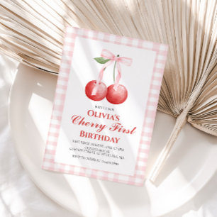 Cherry First Pink Bow Preppy 1. Geburtstag Einladung