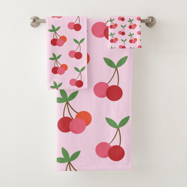 Cherry Frucht Muster in Rosa und Rot Personalisier Badhandtuch Set (Insitu)