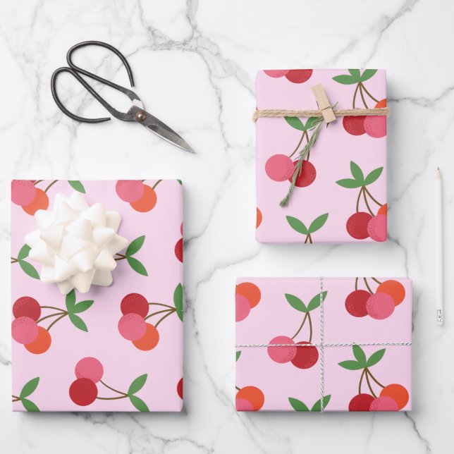 Cherry Frucht Muster in Rosa und Rot Personalisier Geschenkpapier Set (Vorderseite)