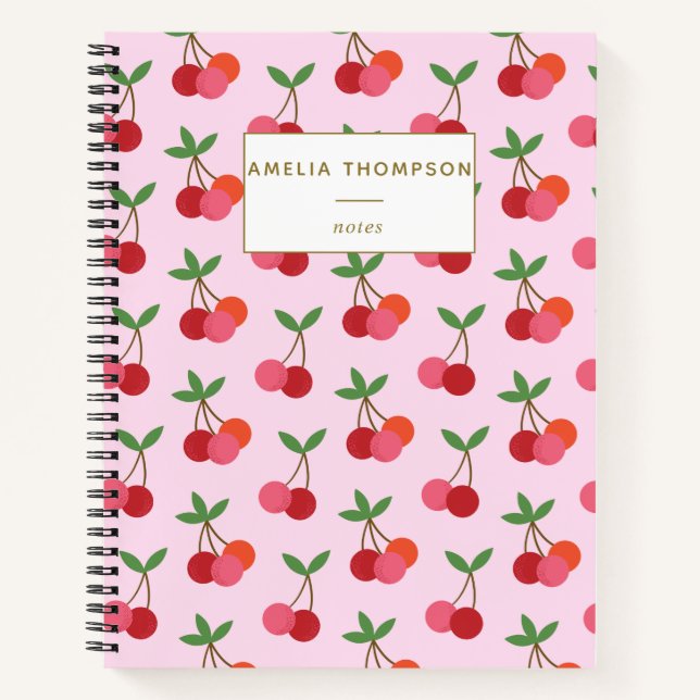 Cherry Frucht Muster Retro Rosa Personalisiert Notizbuch (Vorderseite)