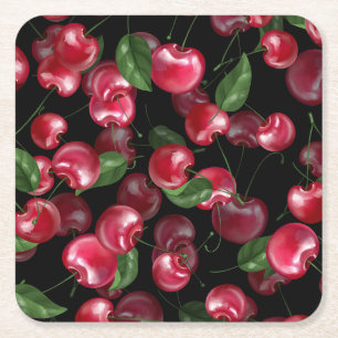 Cherry Fruit auf schwarz Rechteckiger Pappuntersetzer