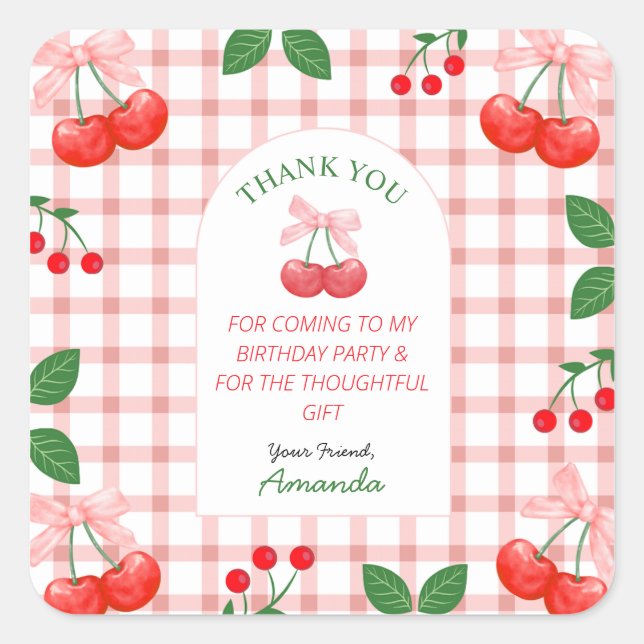 Cherry Fruit Erste Geburtstagsparty Quadratischer Aufkleber (Vorderseite)