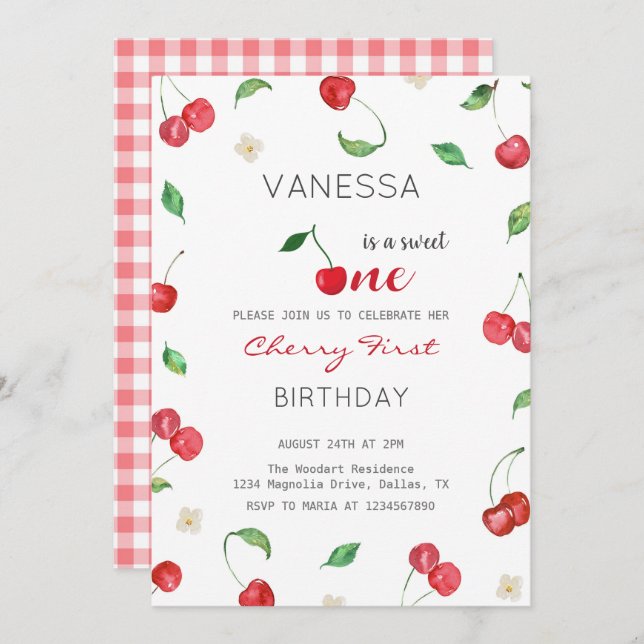 Cherry Girl zum ersten Geburtstag Einladung (Vorne/Hinten)