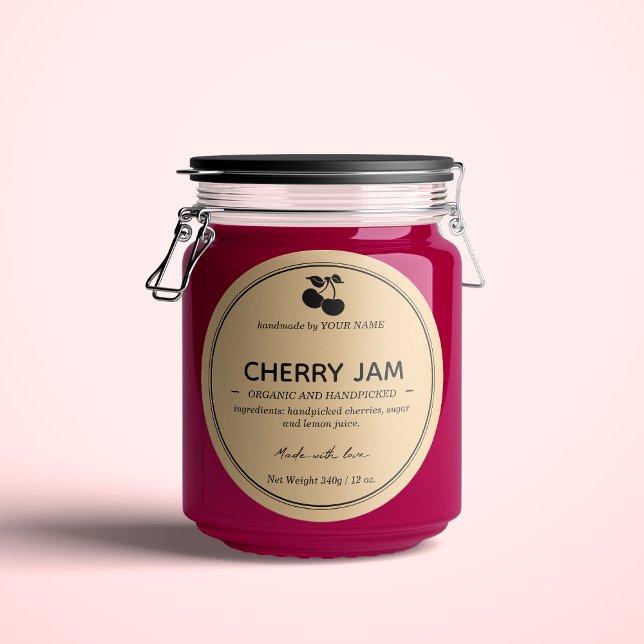 Cherry Jam Jar Label Packaging Design Runder Aufkleber (Von Creator hochgeladen)