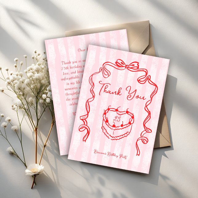 Cherry Kuchen rosa Coquette Bugday Party Dankeskarte (Cherry cake pink coquette handrawn sketch bow birthday party thank you cards)