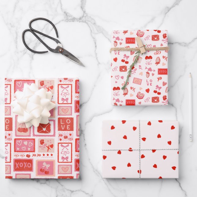 Cherry Love Letters Valentines Hearts Bows Geschenkpapier Set (Vorderseite)