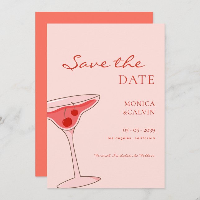 Cherry Martini Pink & Red Wedding Save The Date (Vorne/Hinten)