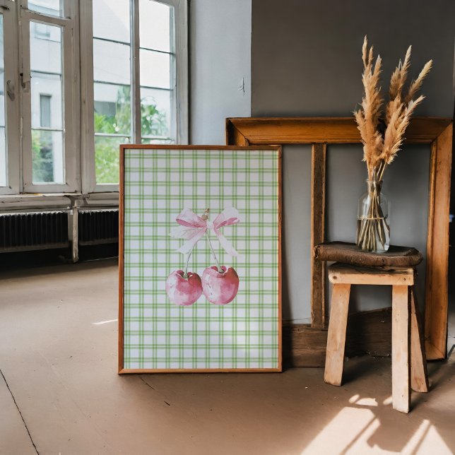 Cherry mit Pink Bow Green Kariert Coquette Poster (Von Creator hochgeladen)