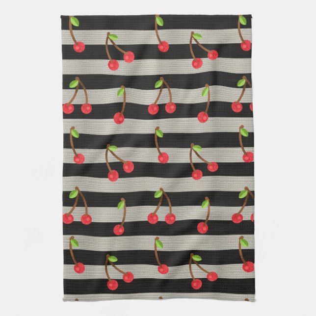 Cherry Moderne Schwarz-Weiß Streifen Geschirrtuch (Vertikal)