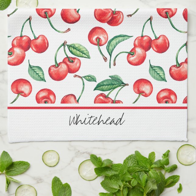 Cherry Monogram Watercolor Geschirrtuch (Gefaltet)