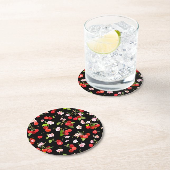 Cherry Muster 2 Runder Pappuntersetzer (Vor Ort)