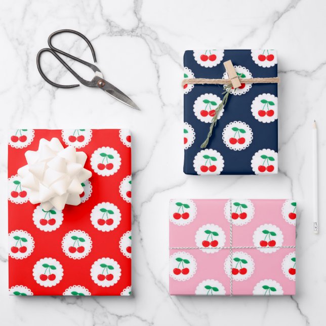 Cherry Muster - Retro Fruit Gift & Decke Geschenkpapier Set (Vorderseite)