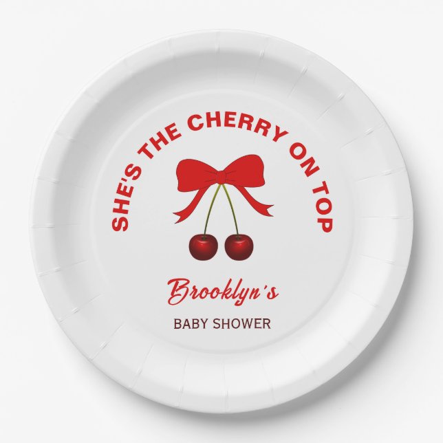 Cherry on Top Baby Dusche Red Coquette Bow Girl Pappteller (Vorderseite)