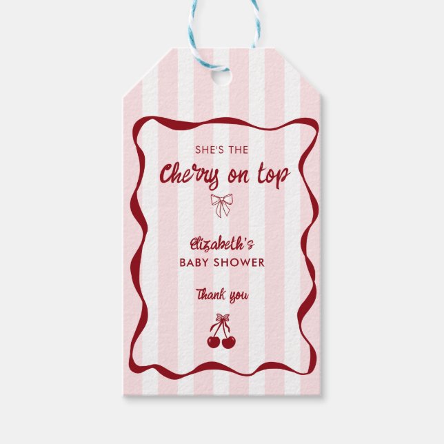 Cherry on Top Baby Shower Pink Stripes Bow Geschenkanhänger (Vorderseite)