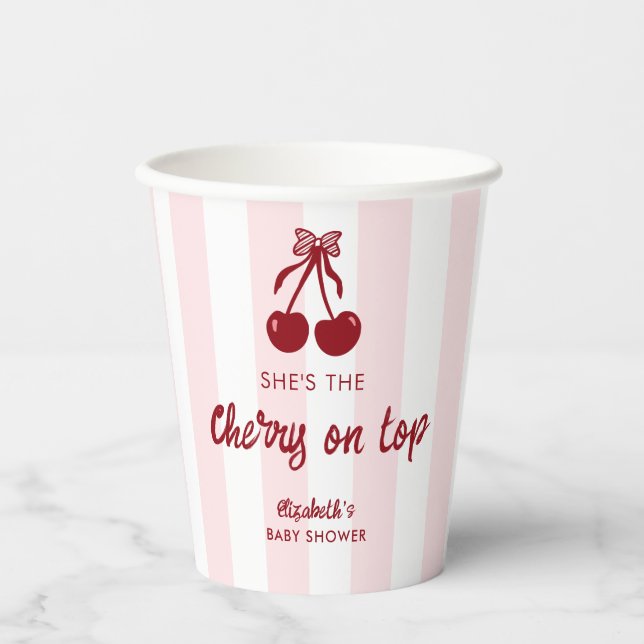 Cherry on Top Baby Shower Pink Stripes Coquette Pappbecher (Vorderseite)