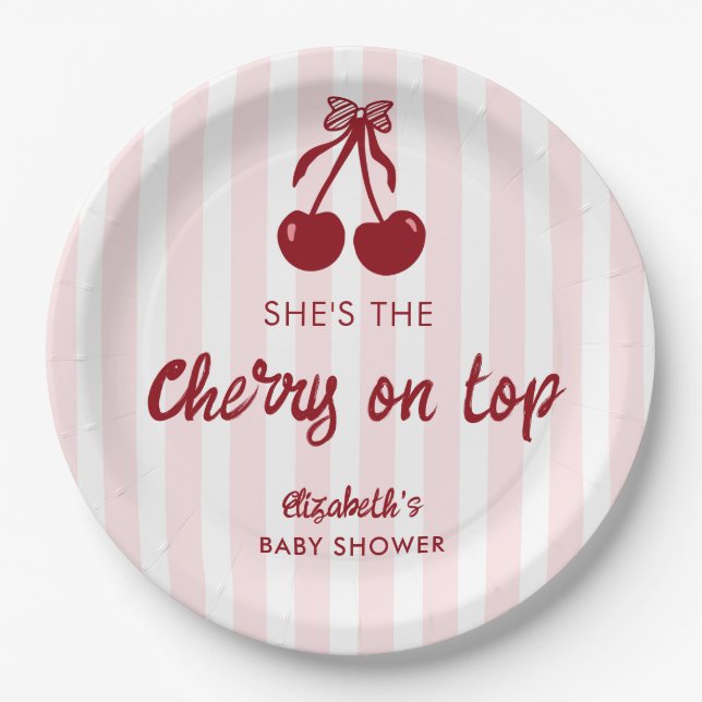 Cherry on Top Baby Shower Pink Stripes Coquette Pappteller (Vorderseite)