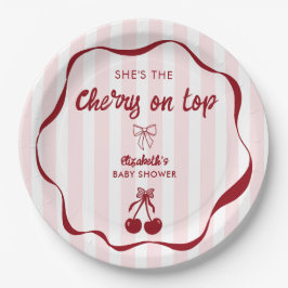 Cherry on Top Baby Shower Pink Stripes Coquette Pappteller