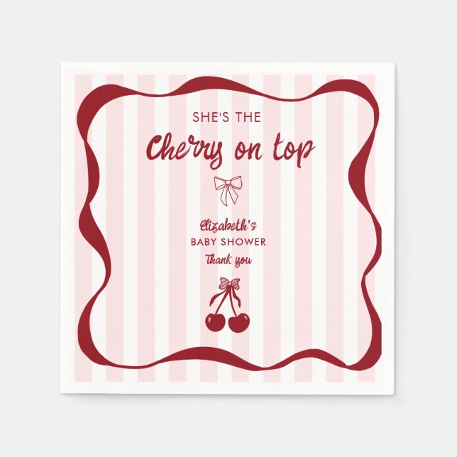 Cherry on Top Baby Shower Pink Stripes Coquette Serviette (Vorderseite)