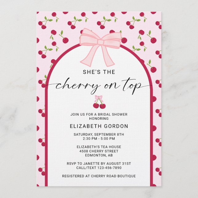 Cherry On Top Bridal Shower Coquette Bow Einladung (Vorderseite)