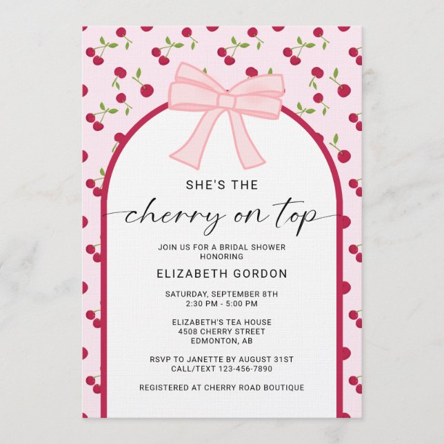 Cherry On Top Bridal Shower Coquette Bow Einladung (Vorderseite)
