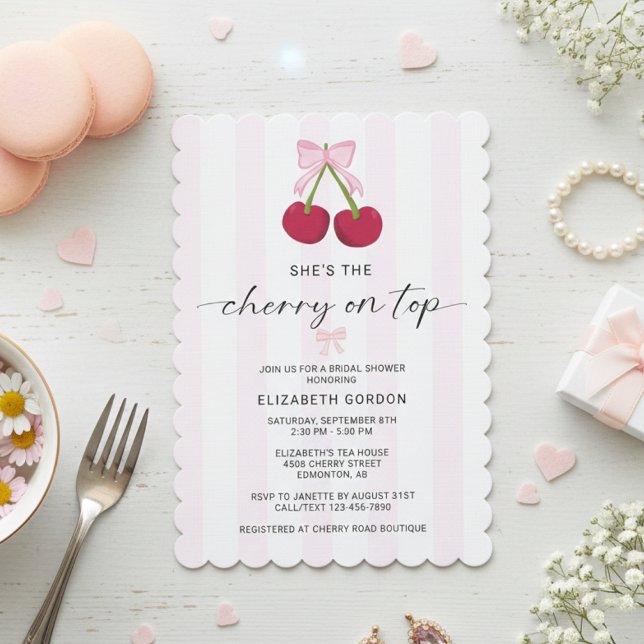Cherry On Top Bridal Shower Coquette Bow Stripes Einladung (Von Creator hochgeladen)