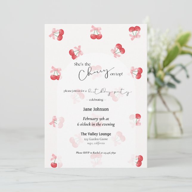 Cherry On Top Cherries & Bows Birthday Invitation Einladung (Stehend Vorderseite)