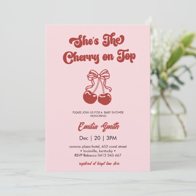 Cherry on Top hand drawn girl Baby Shower Einladung (Stehend Vorderseite)