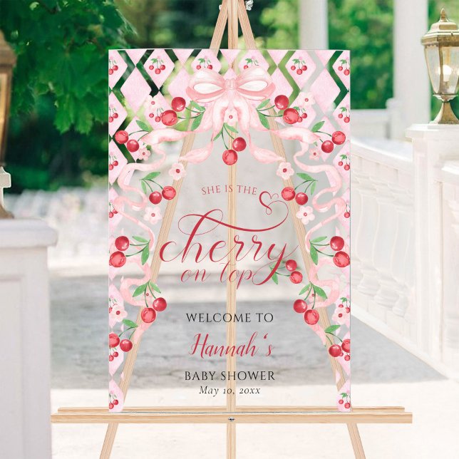 Cherry on Top Pink Bow Baby Dusche Willkommen Acrylschild (Von Creator hochgeladen)