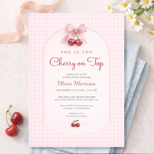 Cherry on Top Pink Bow Gingham Baby Shower Einladung (Von Creator hochgeladen)